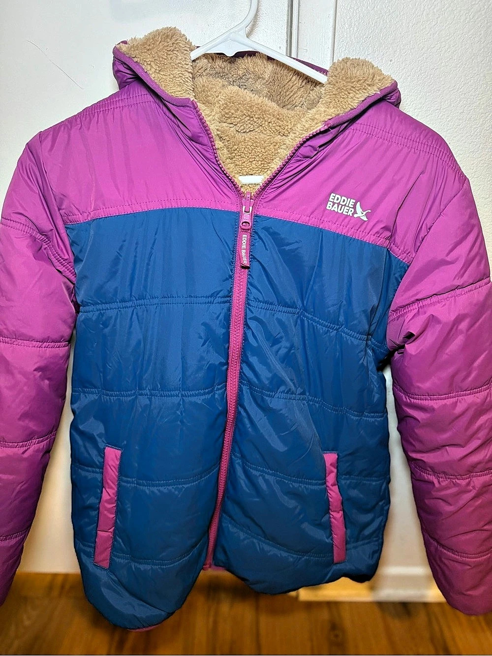 Eddie Bauer Reversible fleece-lined puffer jacket Girls Large Blue & Pink